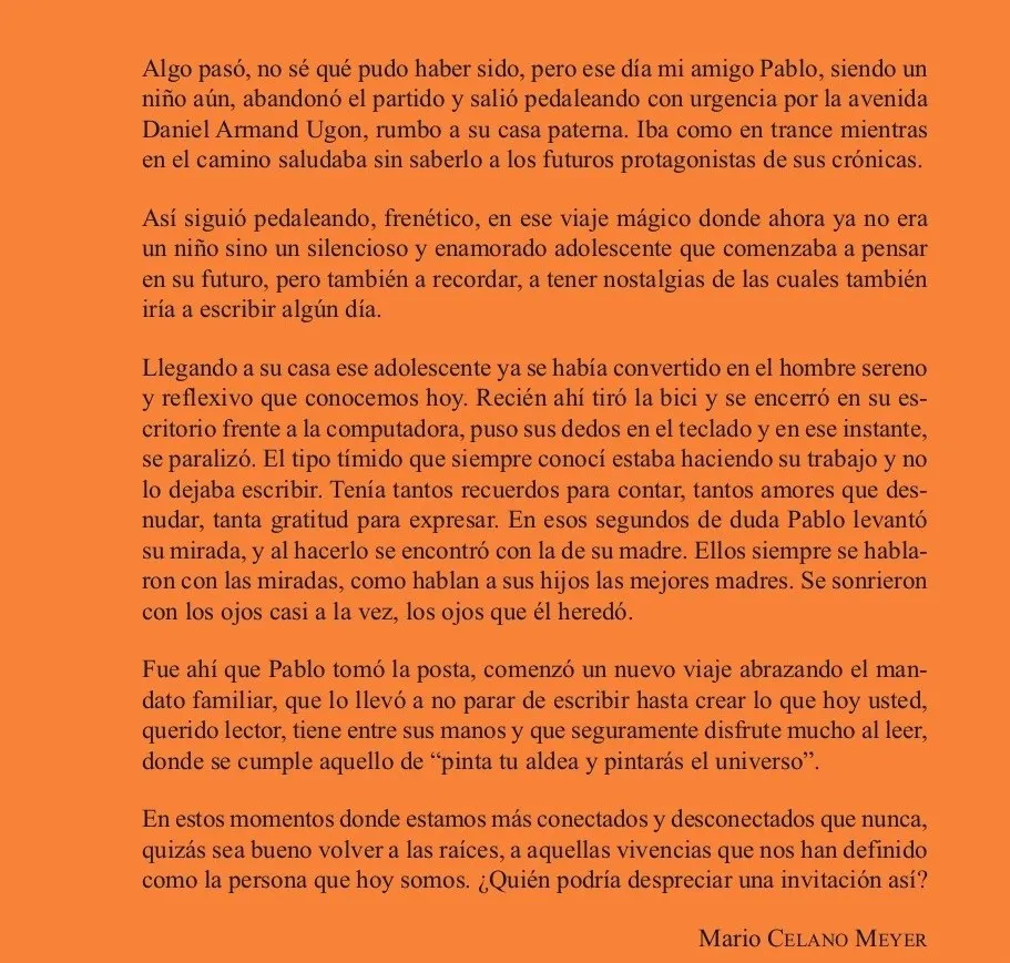 Contratapa naranja del libro Colonia Valdense con el texto firmado por Mario Celano Meyer