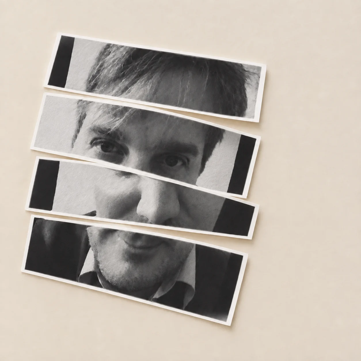 Retrato fotográfico de Mario Celano Meyer dividido en fragmentos